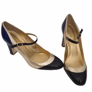 J. Crew navy, royal gold heel pumps